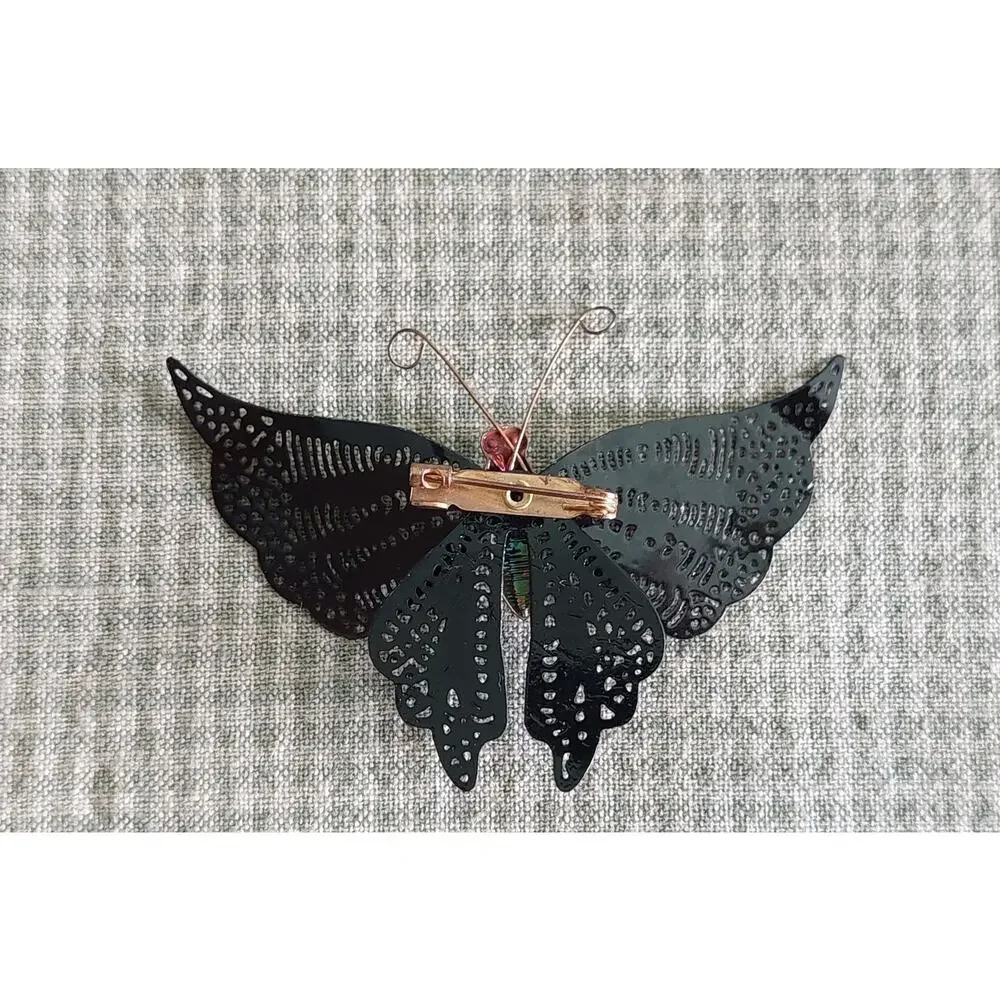 Vntg Black Lace Fillagree Winged Butterfly Brooch